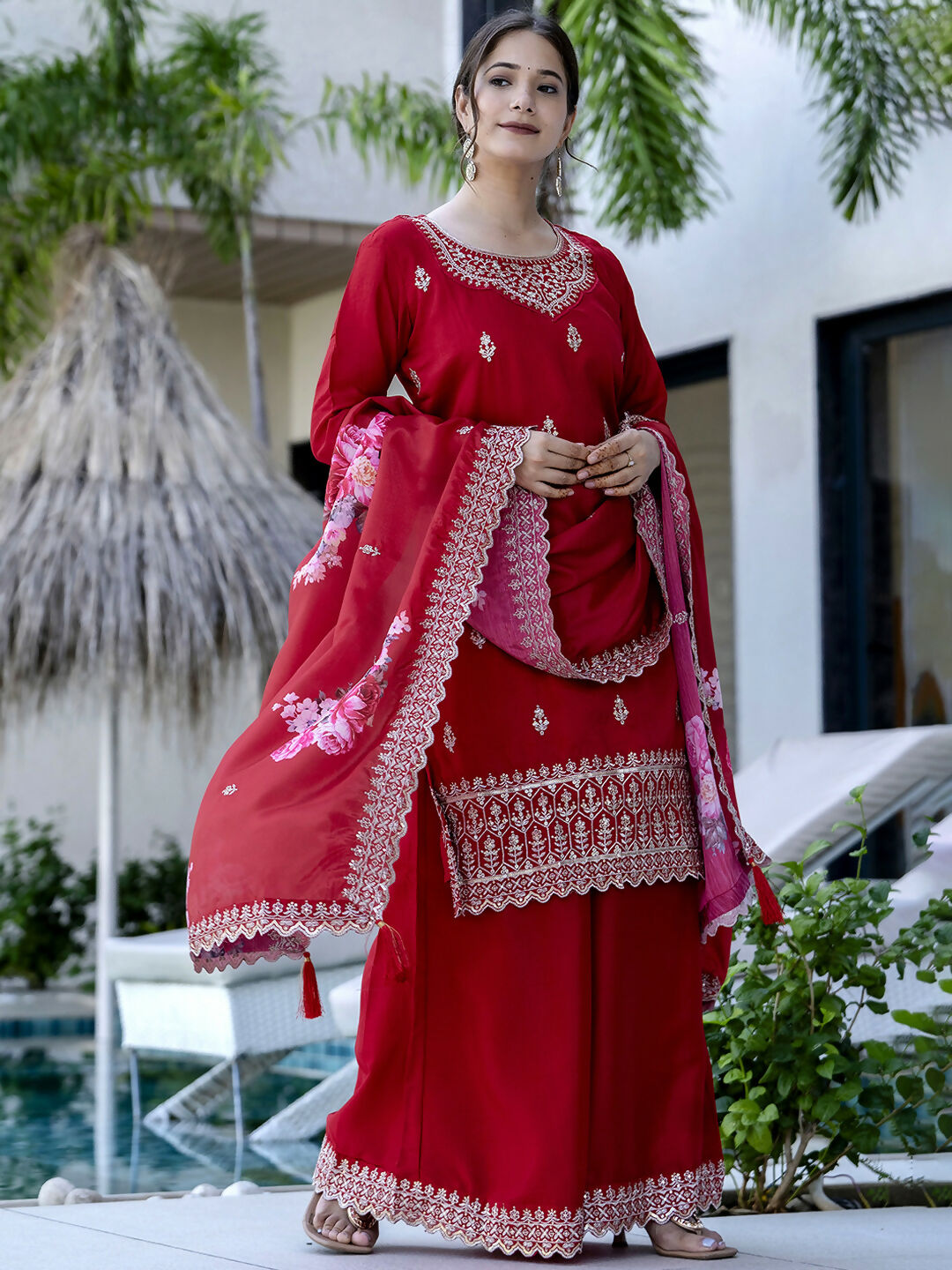 The52 Red Women's Gorgeous Embroidered Vichitra Silk Fabric Straight Kurta, Sharara and Dupatta Set | Grocsy