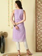 Myshka Women's Lavender Georgette Sleeveless Straight Party Kurta | Grocsy