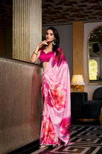 Vastranavya Baby Pink Satin Silk Printed Saree with Hotfix Work Unstitched Blouse | Grocsy