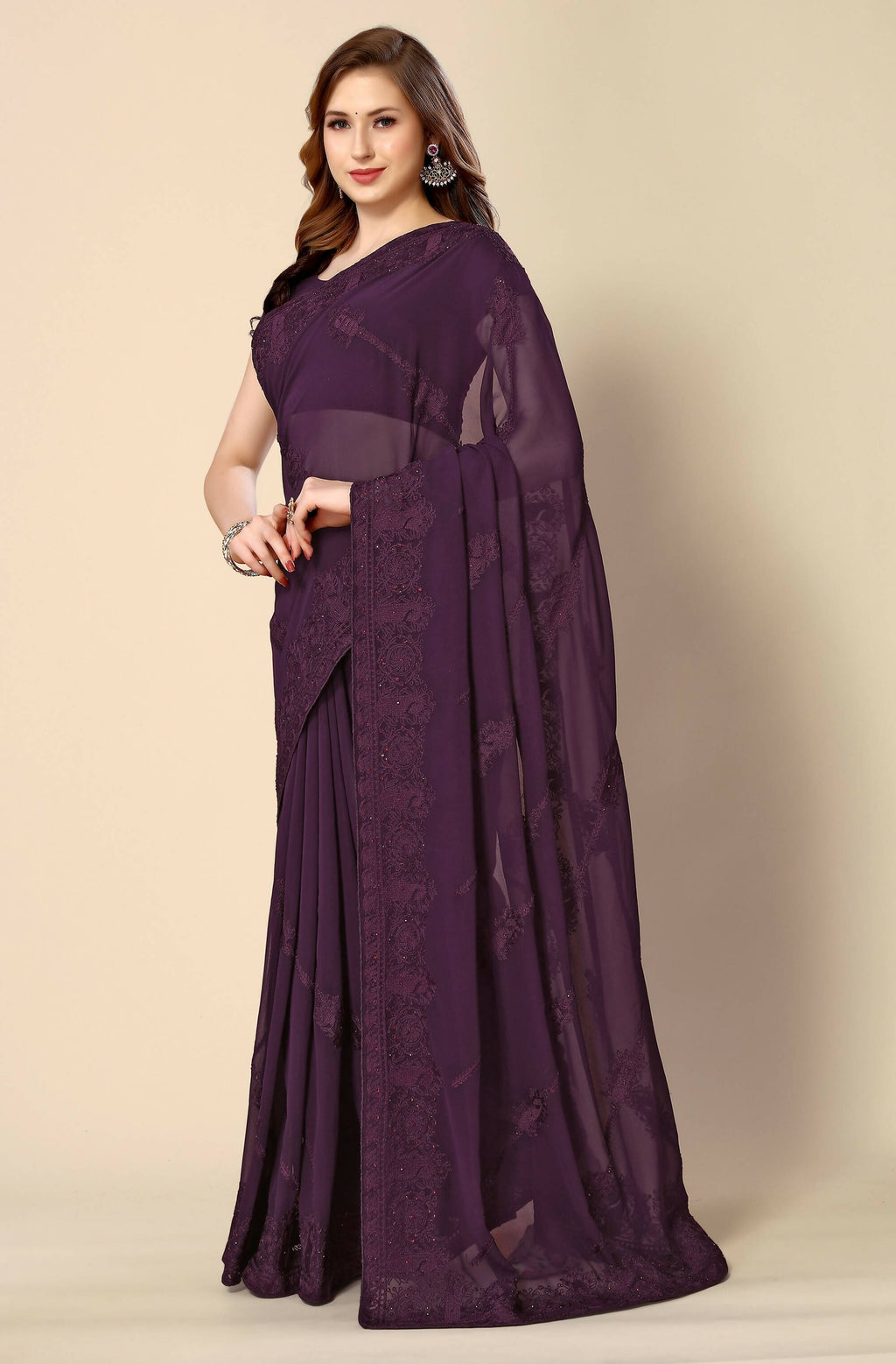 Purple Georgette Embroidered and Stone Work Saree with Unstitched Blouse Piece - Roozal | Grocsy
