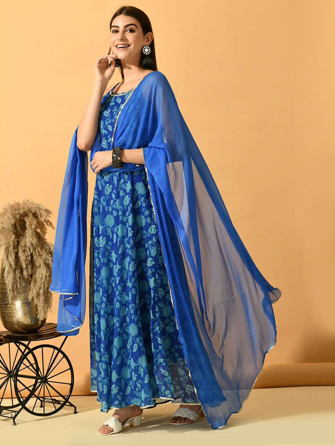 Myshka Women's Blue Festive Flared Anarkali Kurta With Dupatta sets | Grocsy