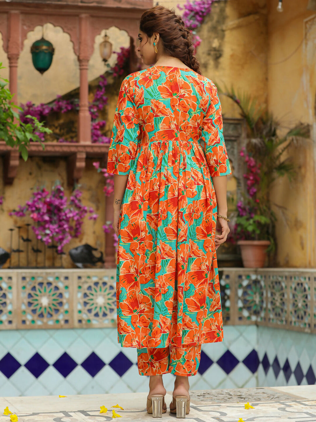 Janasya Orange Cotton Floral Kurta & Bottom | Grocsy