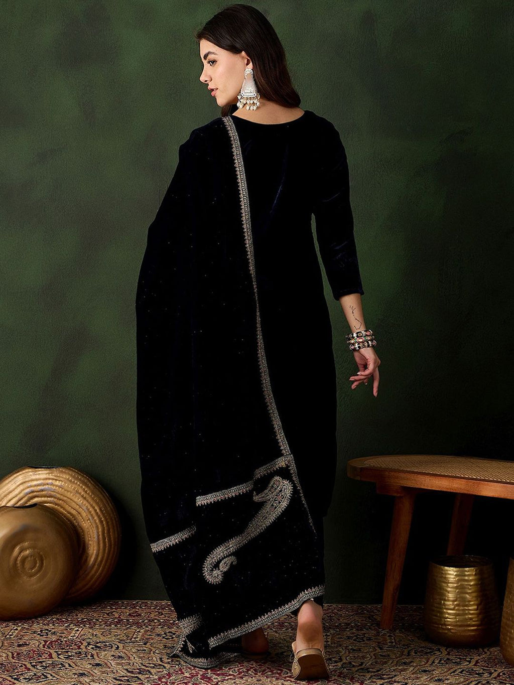 Sangria Floral Embroidered Straight Kurta & Trousers With Dupatta | Grocsy