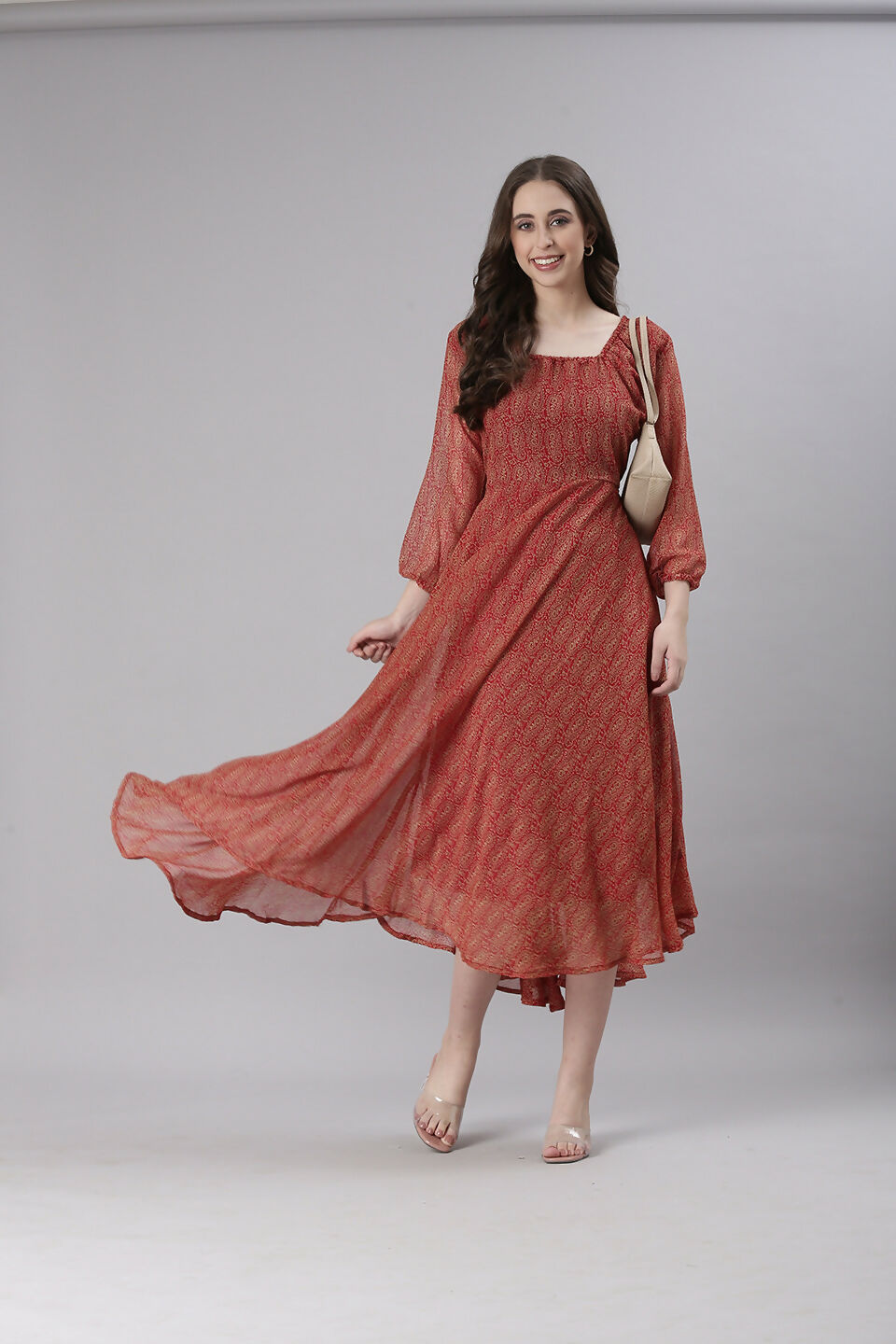 Souchii Rust Orange Printed Fit & Flare Dress | Grocsy