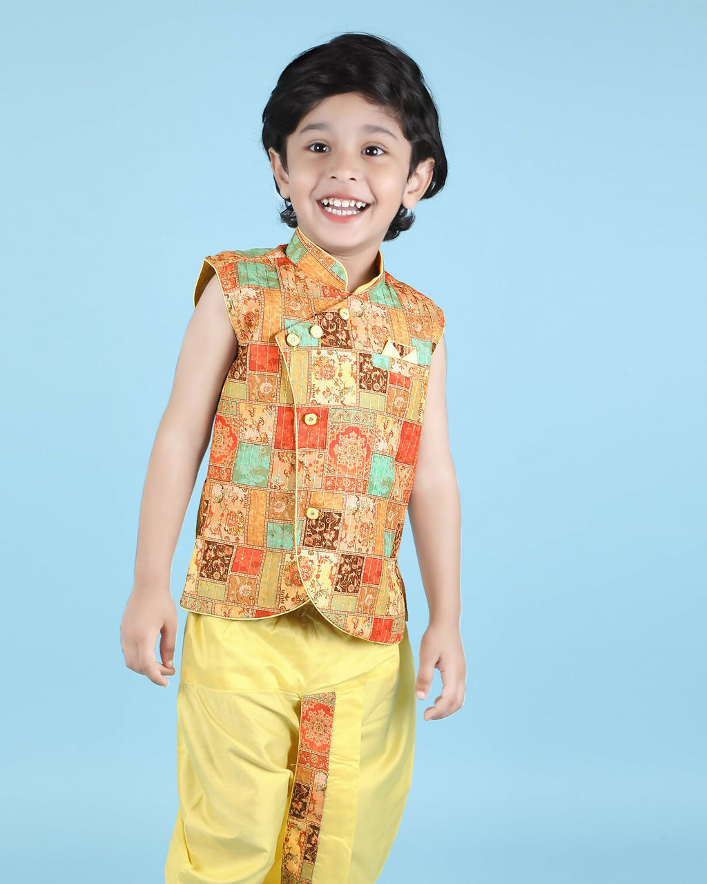 Joban Fashion Kids Island Cotton Sleeveless printed Kurta and Solid Dhoti - Yellow | Grocsy