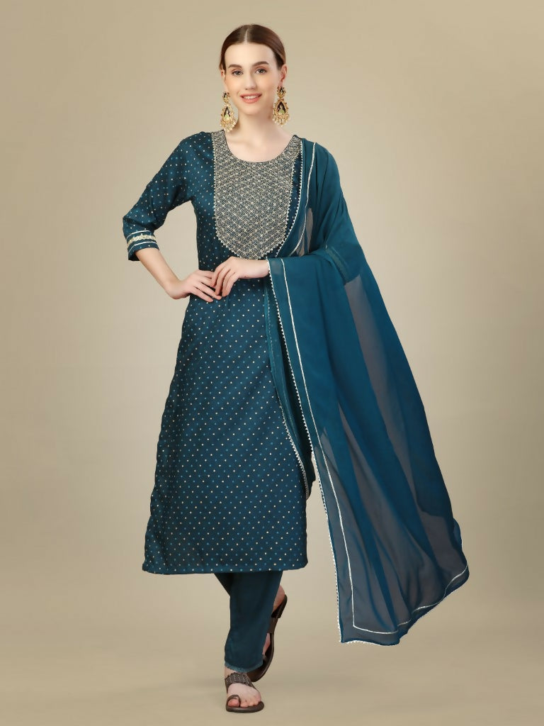 Jyoti Fashion Women's Morpich Silk Blend Embroidery & Sequence work Kurta with Trouser & Dupatta | Grocsy