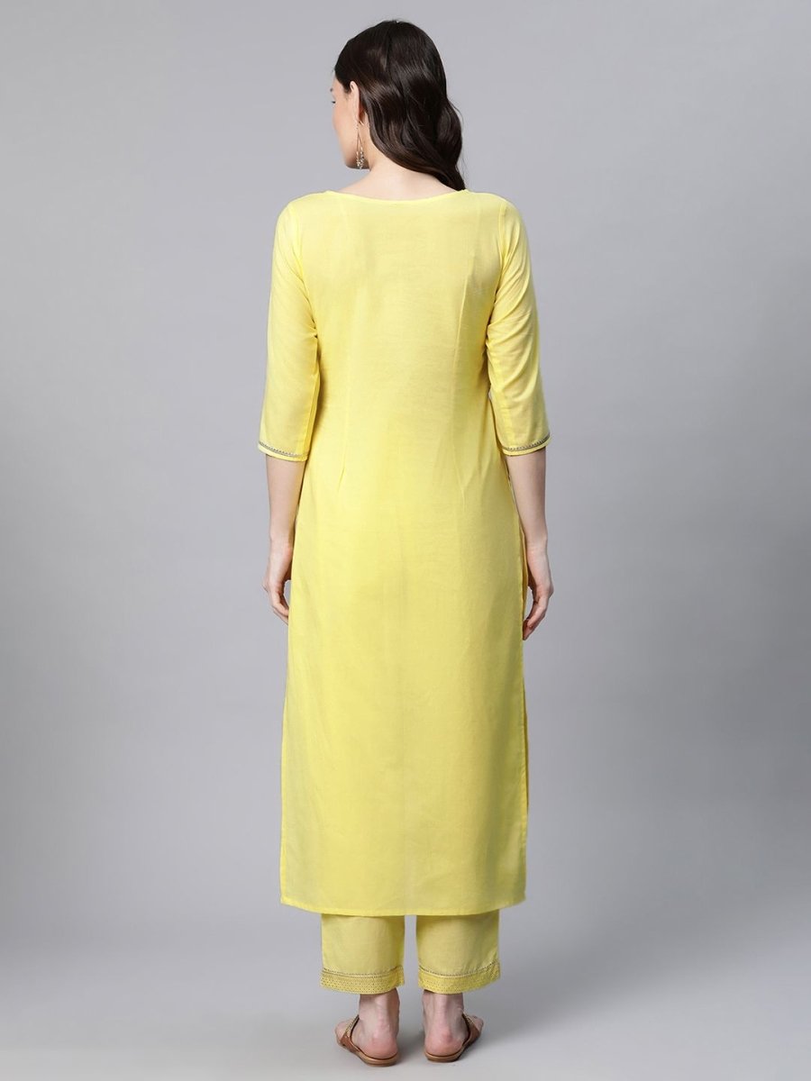 Ahalyaa Women Yellow Pure Cotton Printed Floral Kurta With Trousers | Grocsy