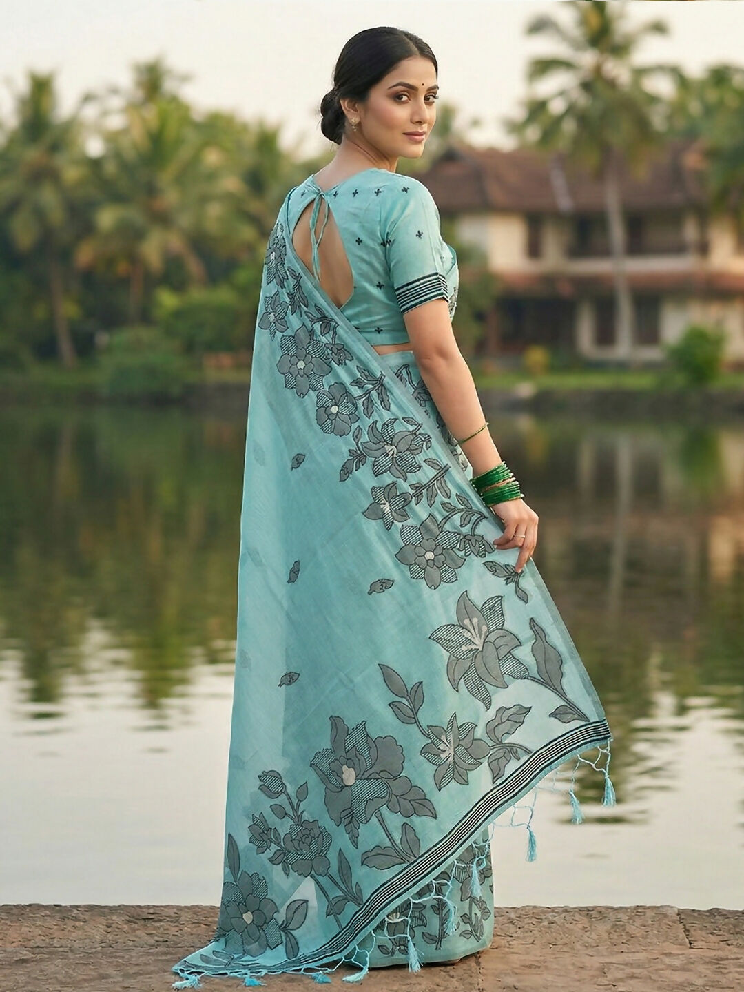 Shree Shyam Fashion Sea Green Linen Cotton Saree | Grocsy