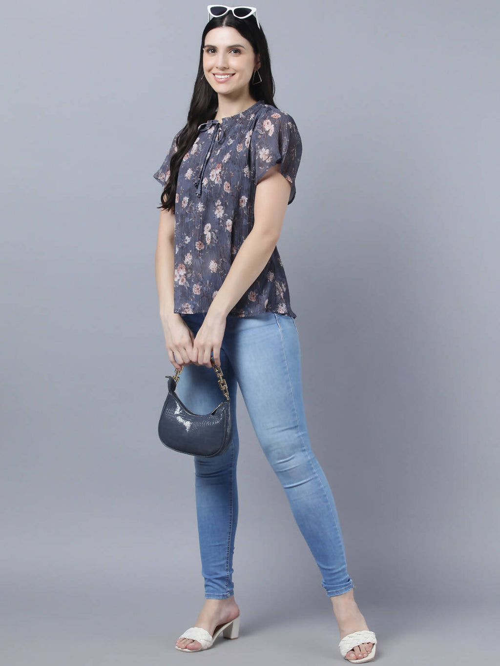 Myshka Women Charcoal Grey Peach-Coloured Floral Print Tie-Up Neck Georgette Top | Grocsy