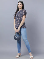Myshka Women Charcoal Grey Peach-Coloured Floral Print Tie-Up Neck Georgette Top | Grocsy