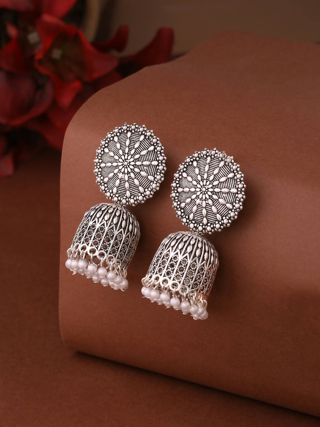 NVR Women Silver Toned Dome Shaped Jhumkas Earrings | Grocsy