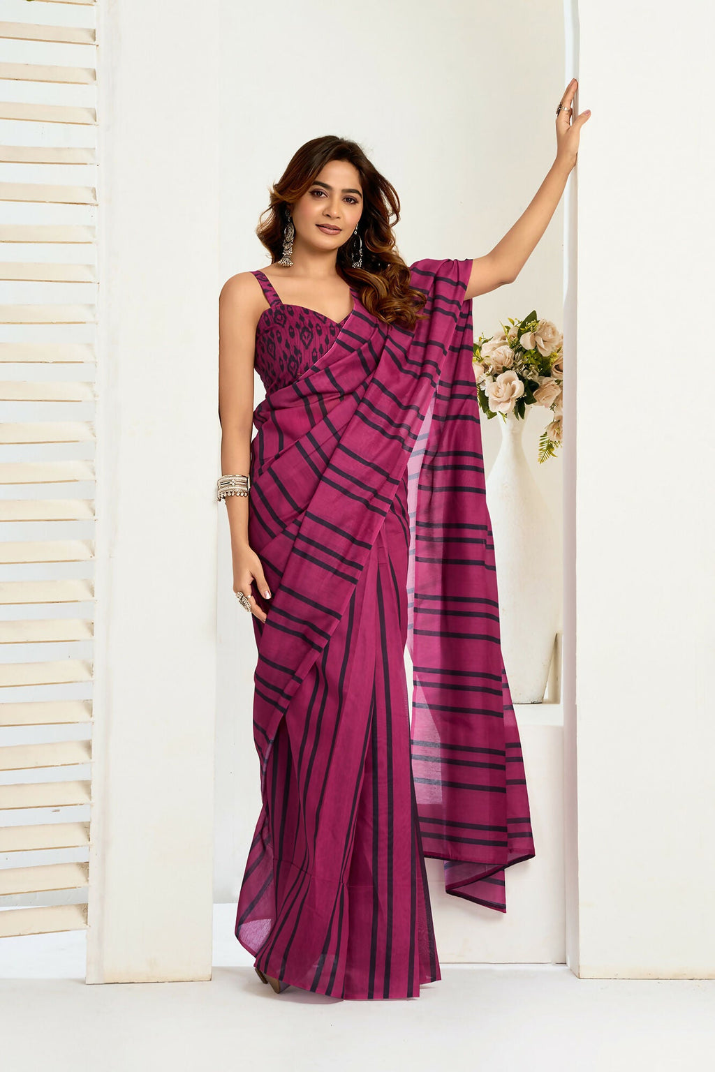 Vastranavya Magenta Digital Printed Linen Ready To Wear Designer Saree with Unstitched Blouse | Grocsy