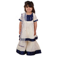 Little Bansi Girls Cream & Indigo Mirror work Kurta Frock with Sharara & Dupatta | Grocsy