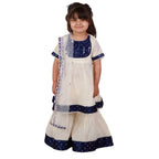 Little Bansi Girls Cream & Indigo Mirror work Kurta Frock with Sharara & Dupatta | Grocsy