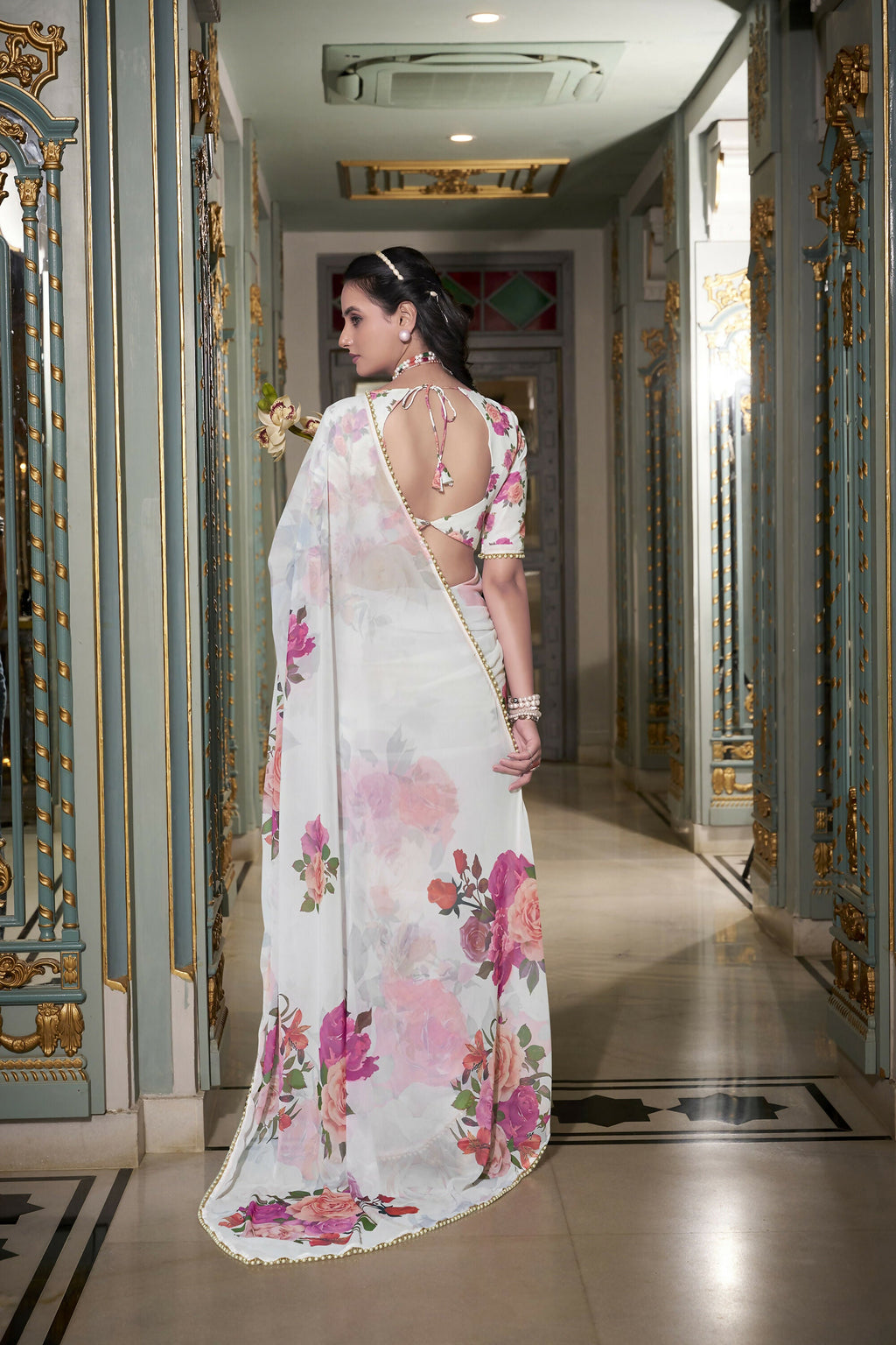 Vastranavya White Spectacular Georgette Printed with Pearl Lace Saree with Unstitched Blouse | Grocsy