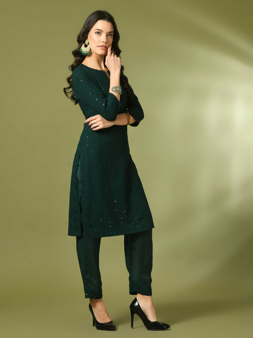 Myshka Women's Green Embroidered Cotton Straight Party Kurta Set | Grocsy
