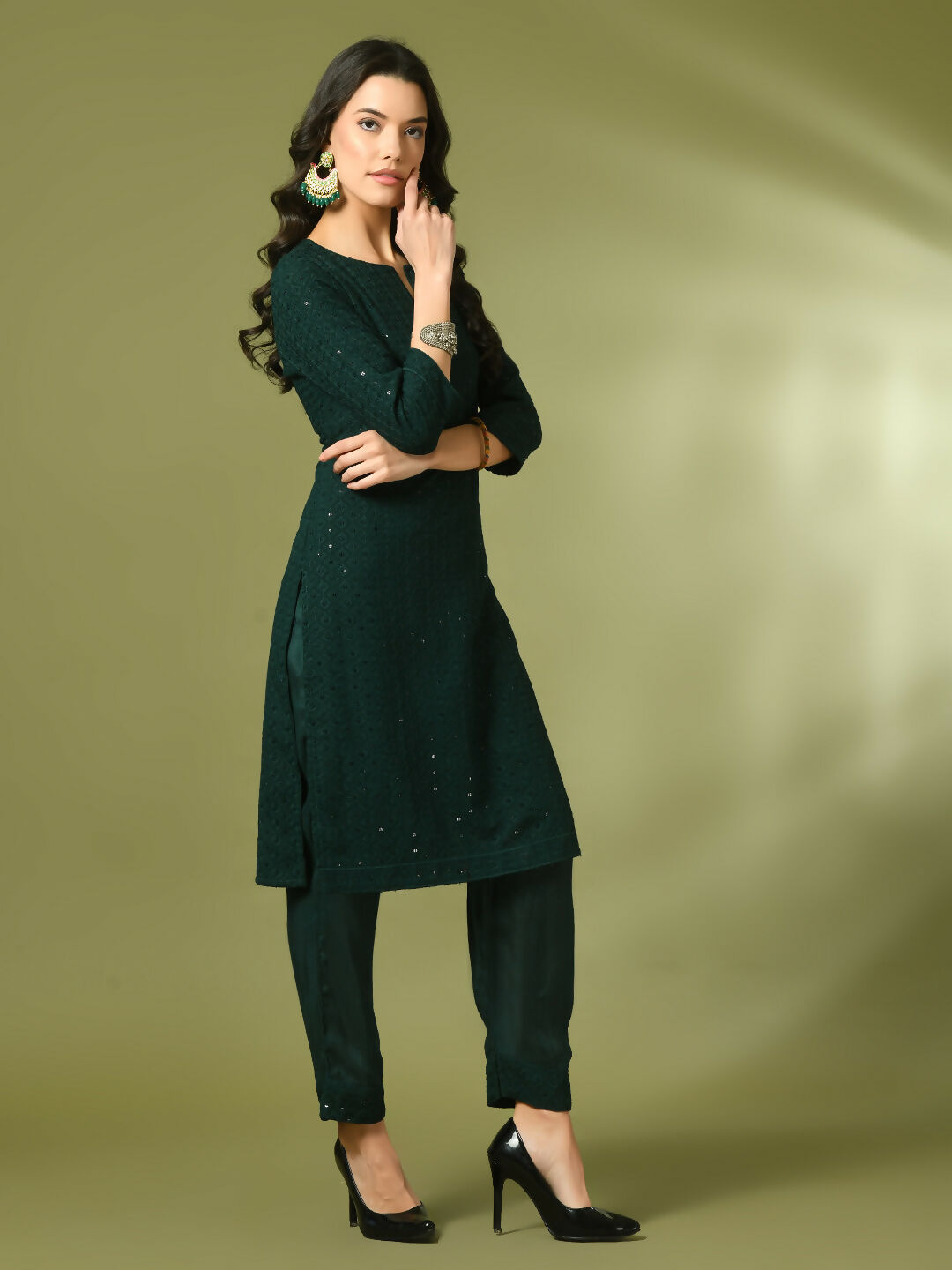 Myshka Women's Green Embroidered Cotton Straight Party Kurta Set | Grocsy
