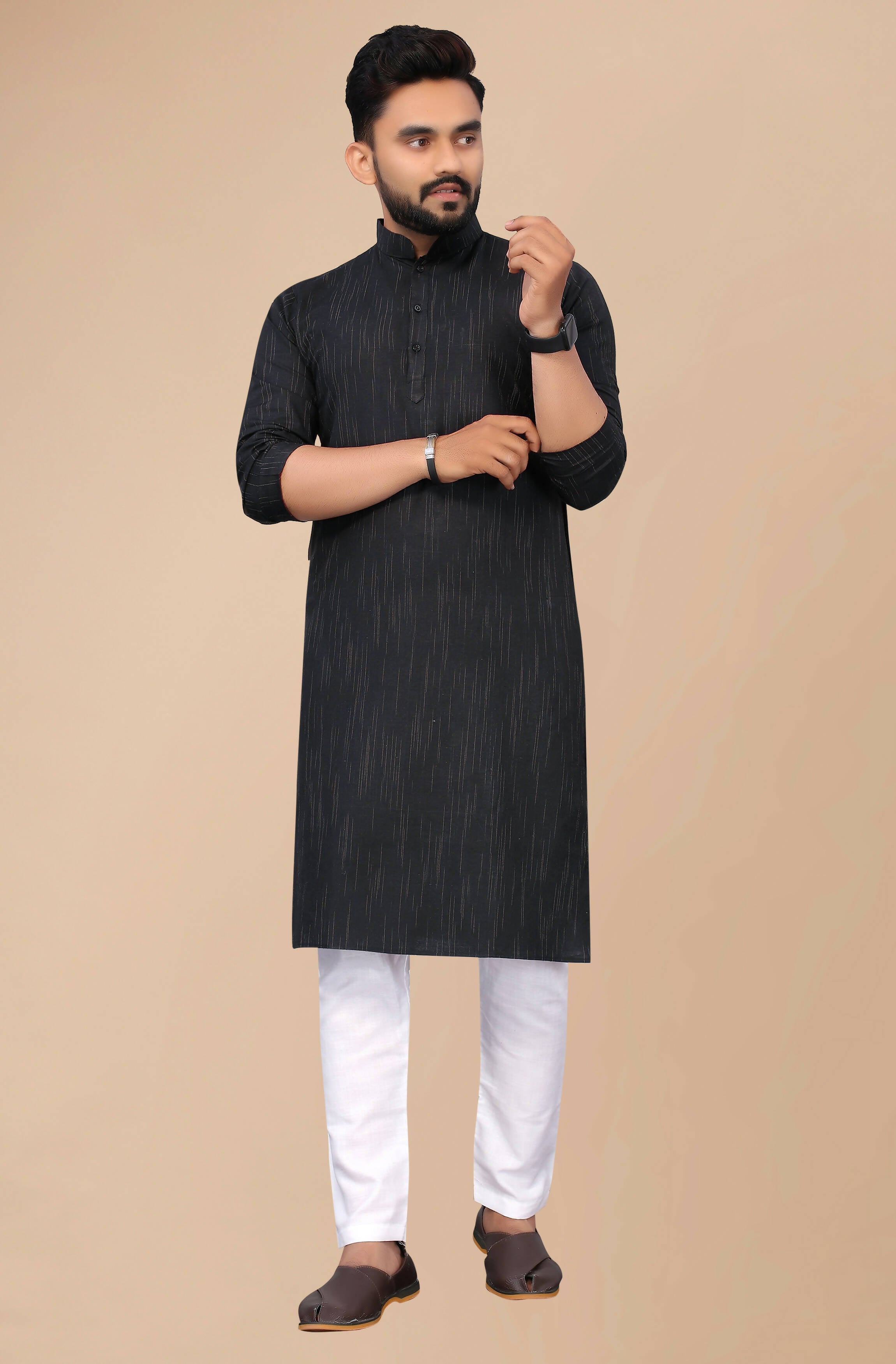 Indian Clothing Men's Black Striped Cotton Kurta - Mahotsav | Grocsy