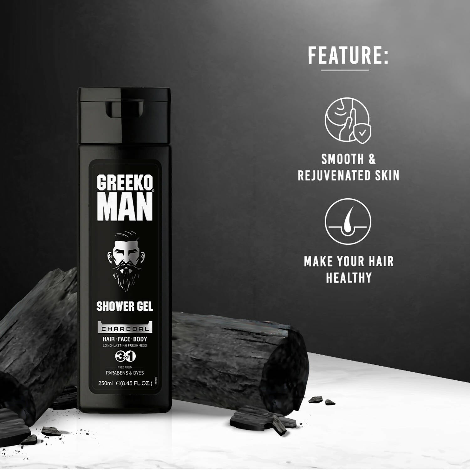 Vasu Healthcare Greeko Man 3 in 1 Charcoal Shower Gel | Grocsy