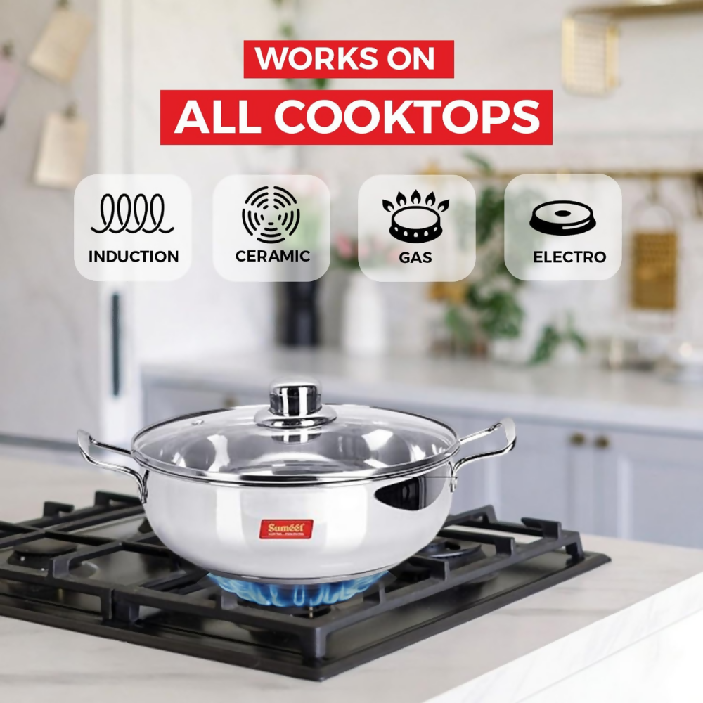 Sumeet Stainless Steel Induction Bottom Kadhai with Glass Lid | Grocsy