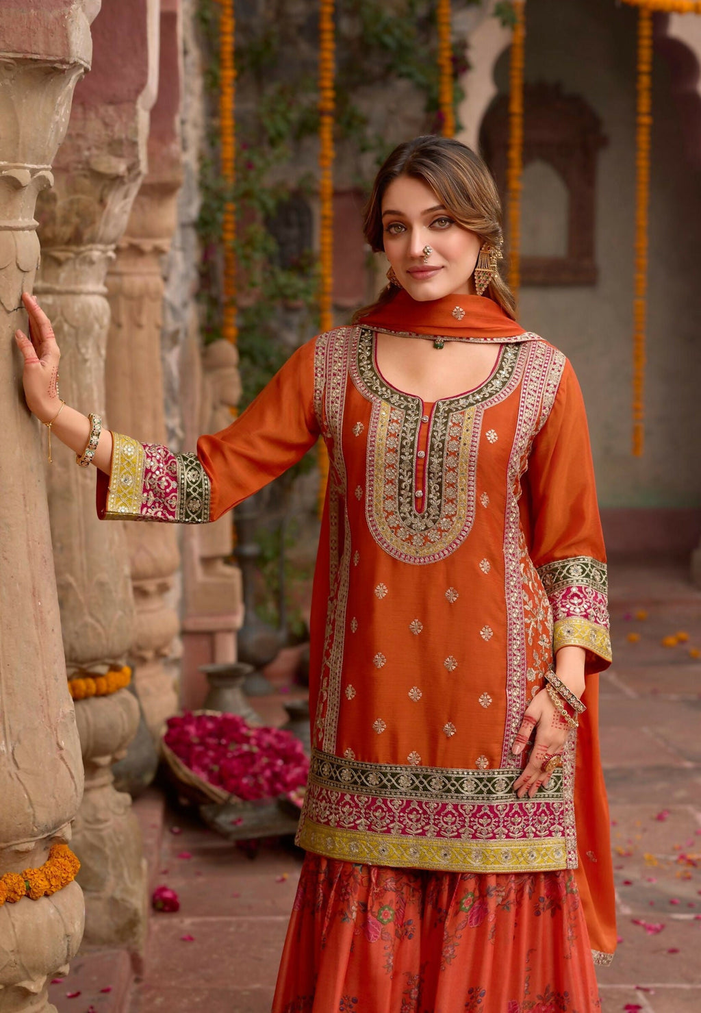Anaita Orange Chinon Readymade Palazzo Suit with Codding Dori & Sequence Work | Grocsy