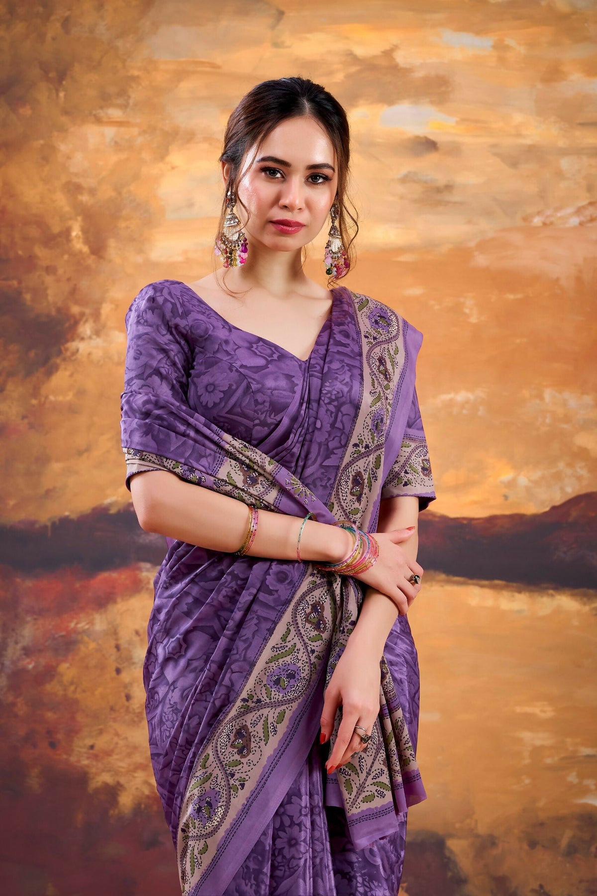 Vastranavya Purple Crepe Printed Saree with Unstitched Blouse | Grocsy