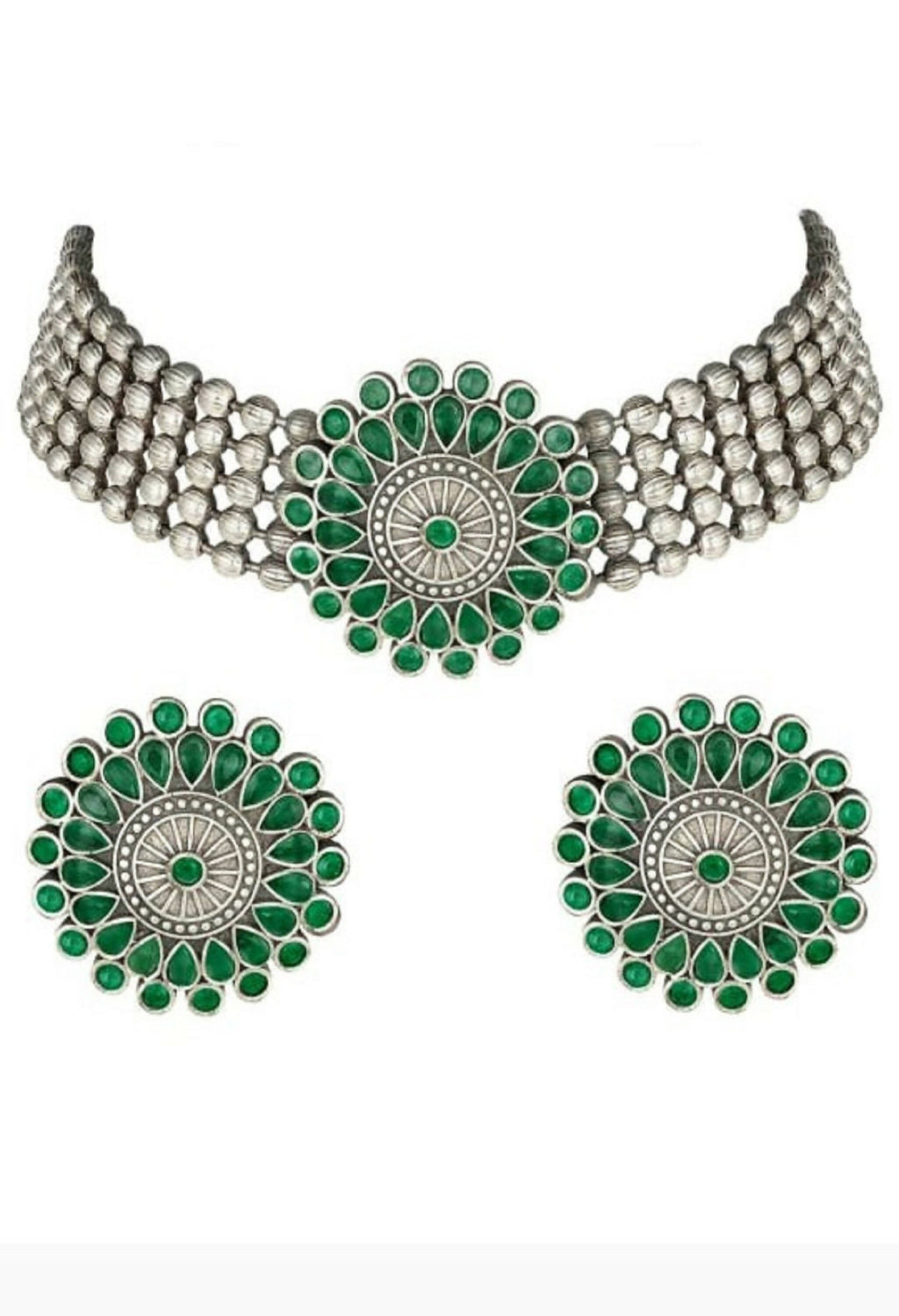 Mominos Fashion Johar Kamal Oxidised Silver-Plated Brass Finish Kundan Choker For Women (Green) | Grocsy