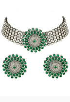 Mominos Fashion Johar Kamal Oxidised Silver-Plated Brass Finish Kundan Choker For Women (Green) | Grocsy