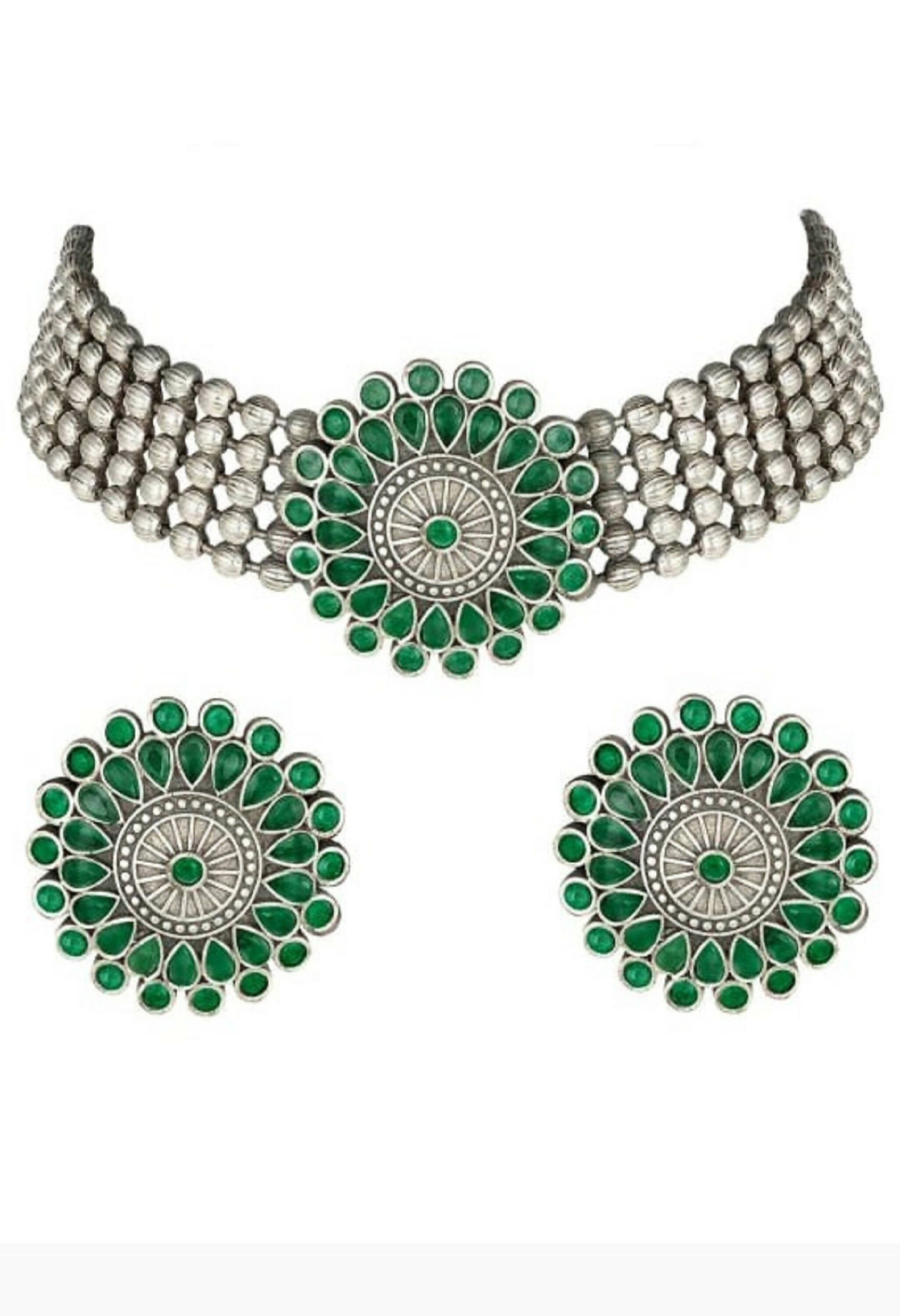 Mominos Fashion Johar Kamal Oxidised Silver-Plated Brass Finish Kundan Choker For Women (Green) | Grocsy