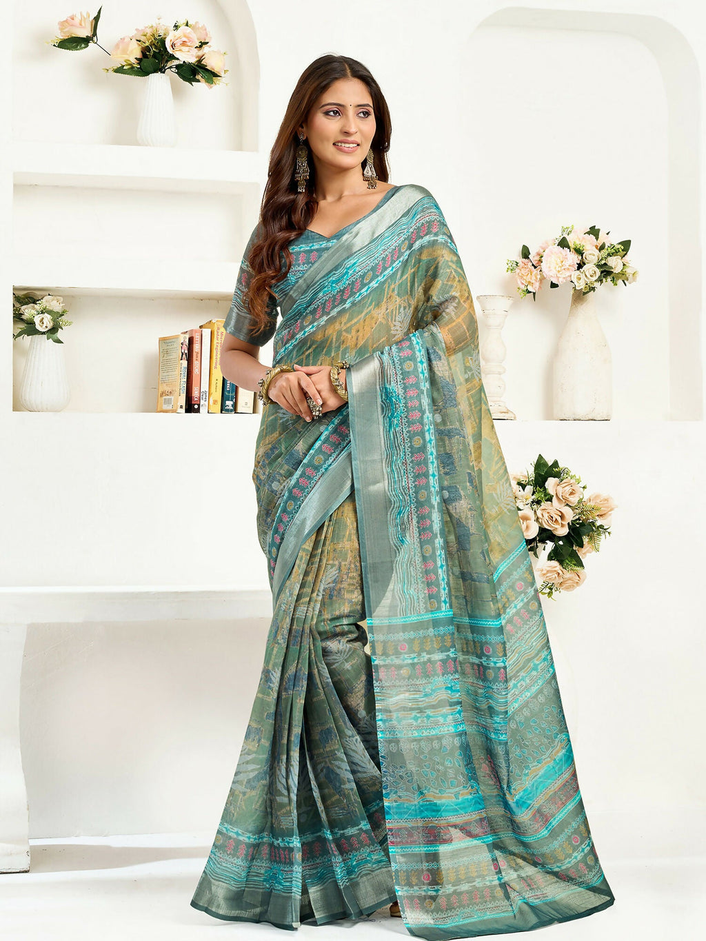 Joban Fashion Petrol Ethinic Motifs Linen Ready To Wear Saree With Unstitched Blouse | Grocsy