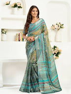 Joban Fashion Petrol Ethinic Motifs Linen Ready To Wear Saree With Unstitched Blouse | Grocsy