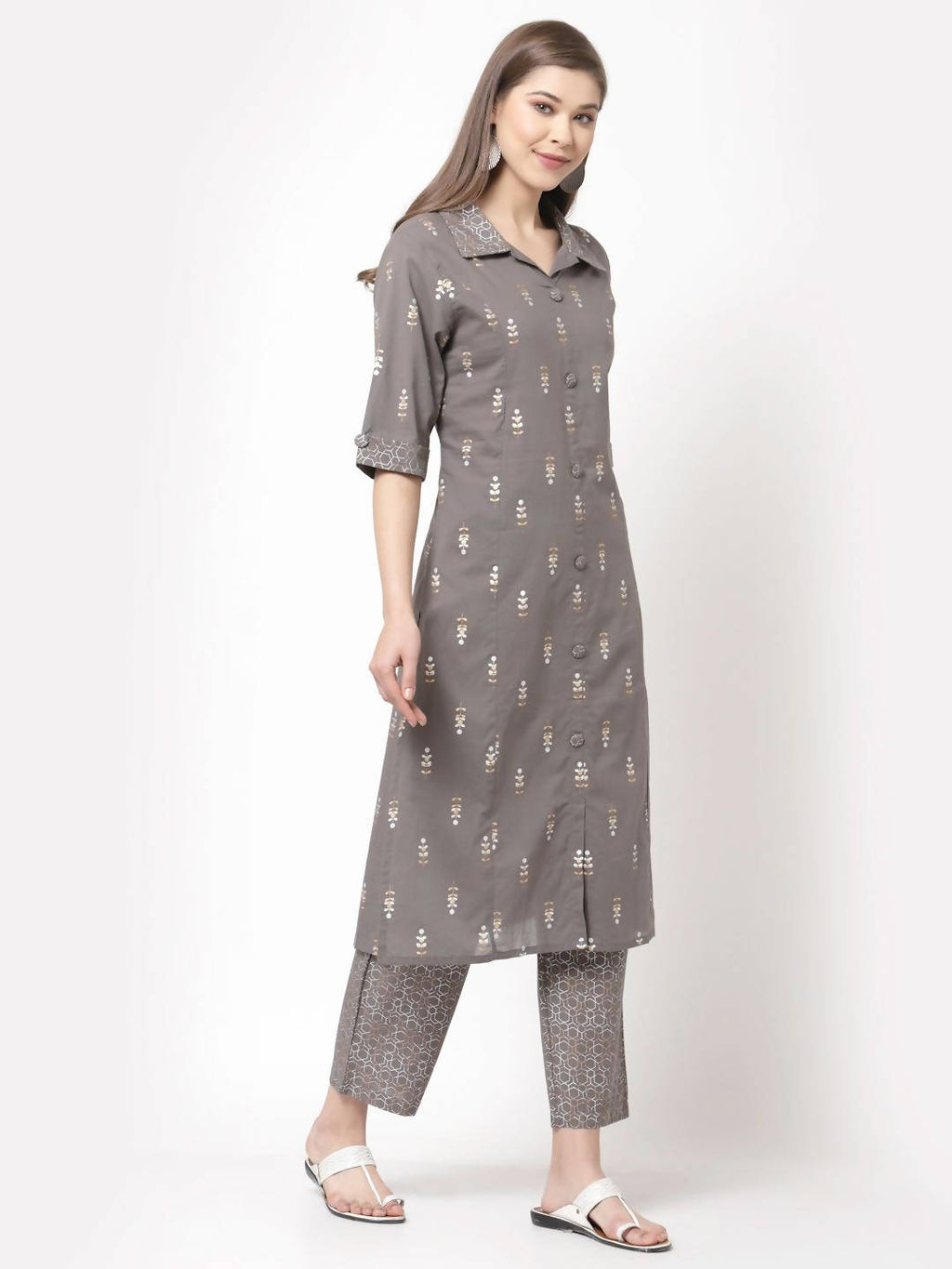 Myshka Women's Grey Cotton Printed Half Sleeve Casual Kurta & Palazzo Set | Grocsy