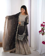 The52 Women's Beautiful Chinon silk Fabric Embroidery Work Straight Kurta Palazzo and Dupatta Set | Grocsy