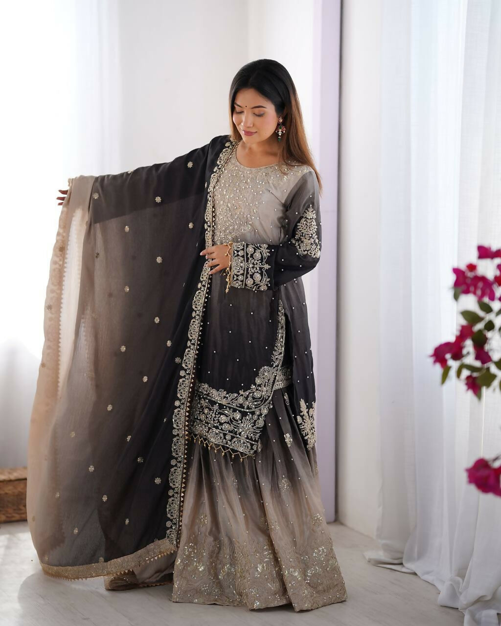 The52 Women's Beautiful Chinon silk Fabric Embroidery Work Straight Kurta Palazzo and Dupatta Set | Grocsy