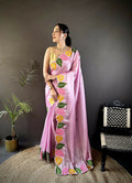 Prime Volt Multicolor Leaf Embroidery Rangoli Silk Saree with Scalloped Border-Pink | Grocsy