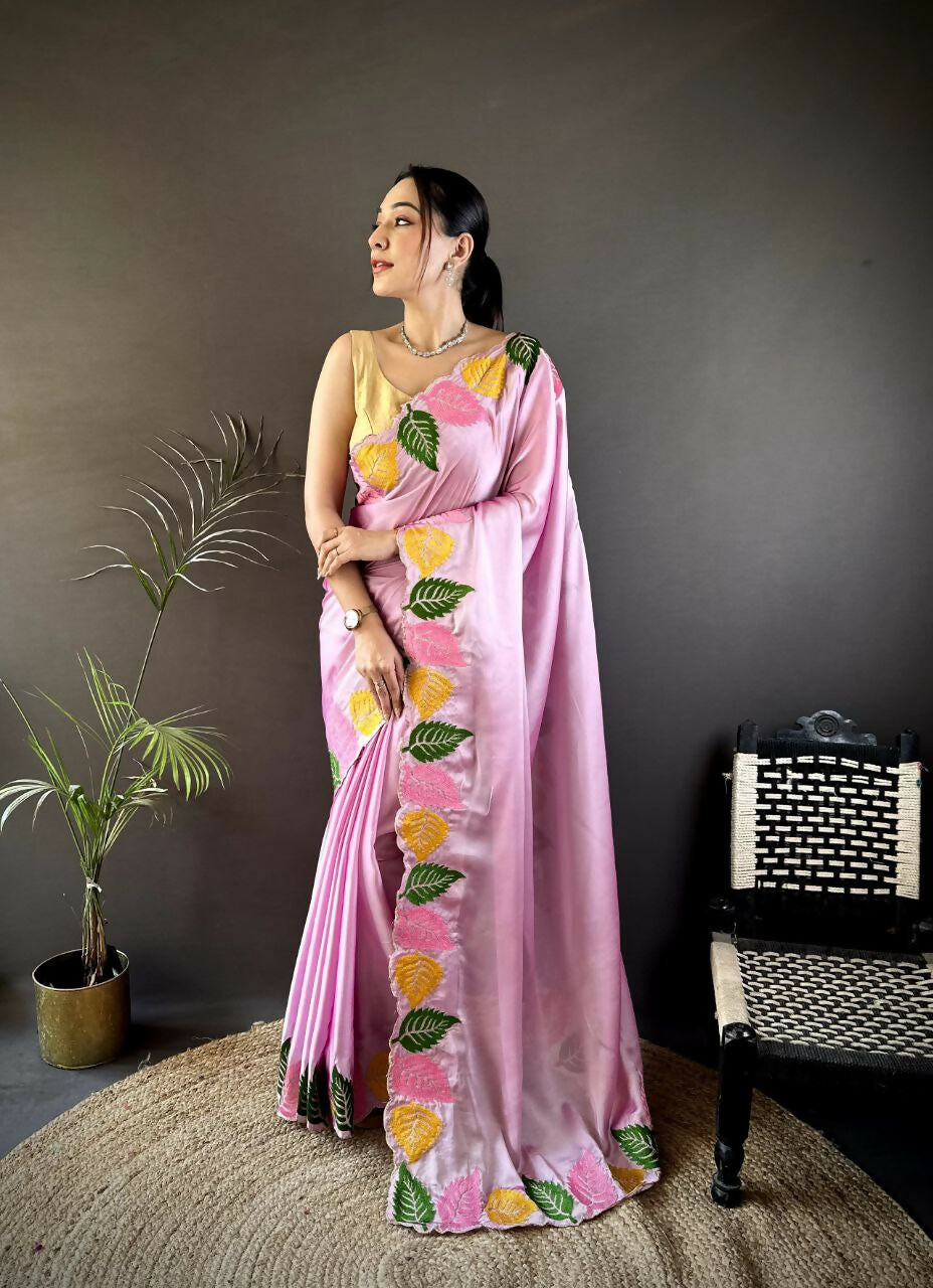 Prime Volt Multicolor Leaf Embroidery Rangoli Silk Saree with Scalloped Border-Pink | Grocsy