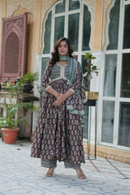 Vastranavya Wine Pure Cotton Printed Top with Pant & Dupatta Set | Grocsy