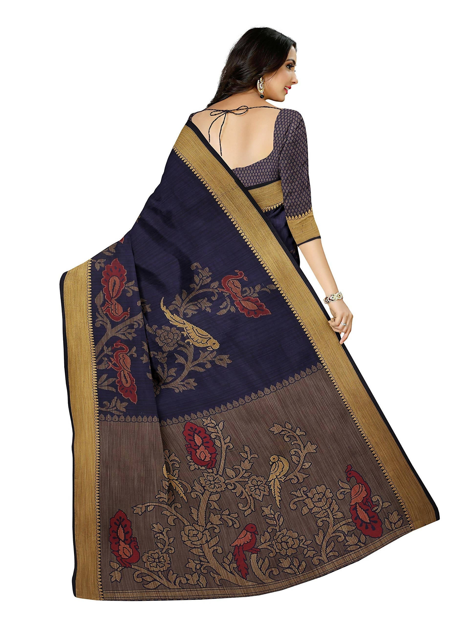 Mimosa Women's Kanchipuram Art Silk Navy Blue Saree | Grocsy