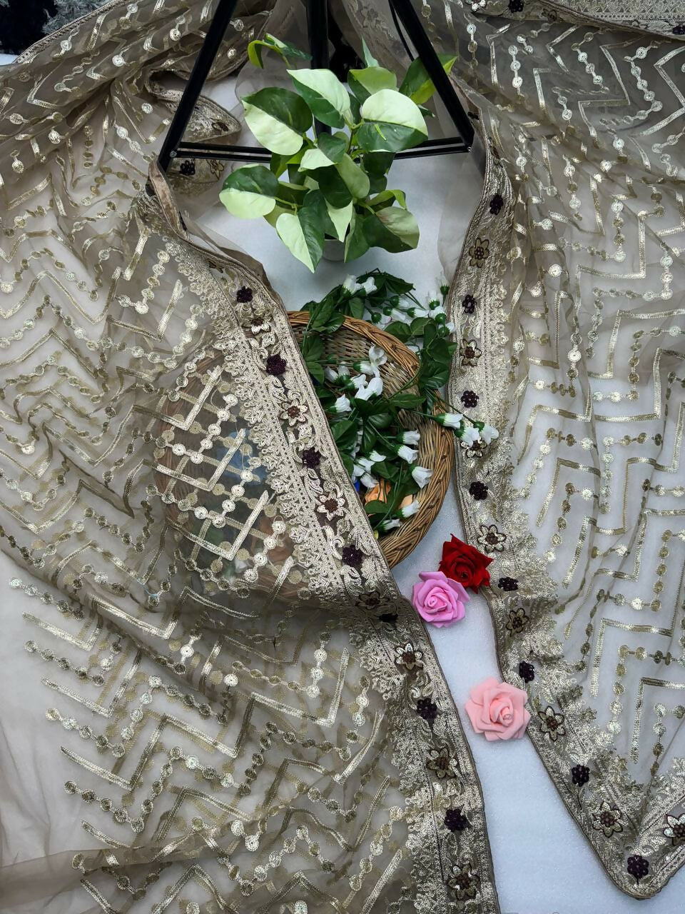 Vastranavya Butterfly Net Designer Chain Stitch Embroidery Work with Foil Thread & Stone Work Saree with Blouse Material - Beige | Grocsy