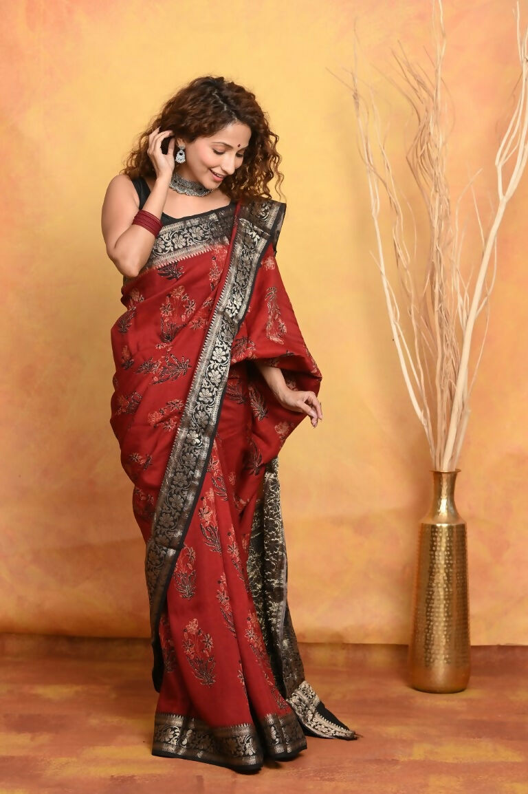 Very Much Indian Modal Silk Ajrakh Handblock Printed Natural Dyes With Designer Border Saree - Red | Grocsy