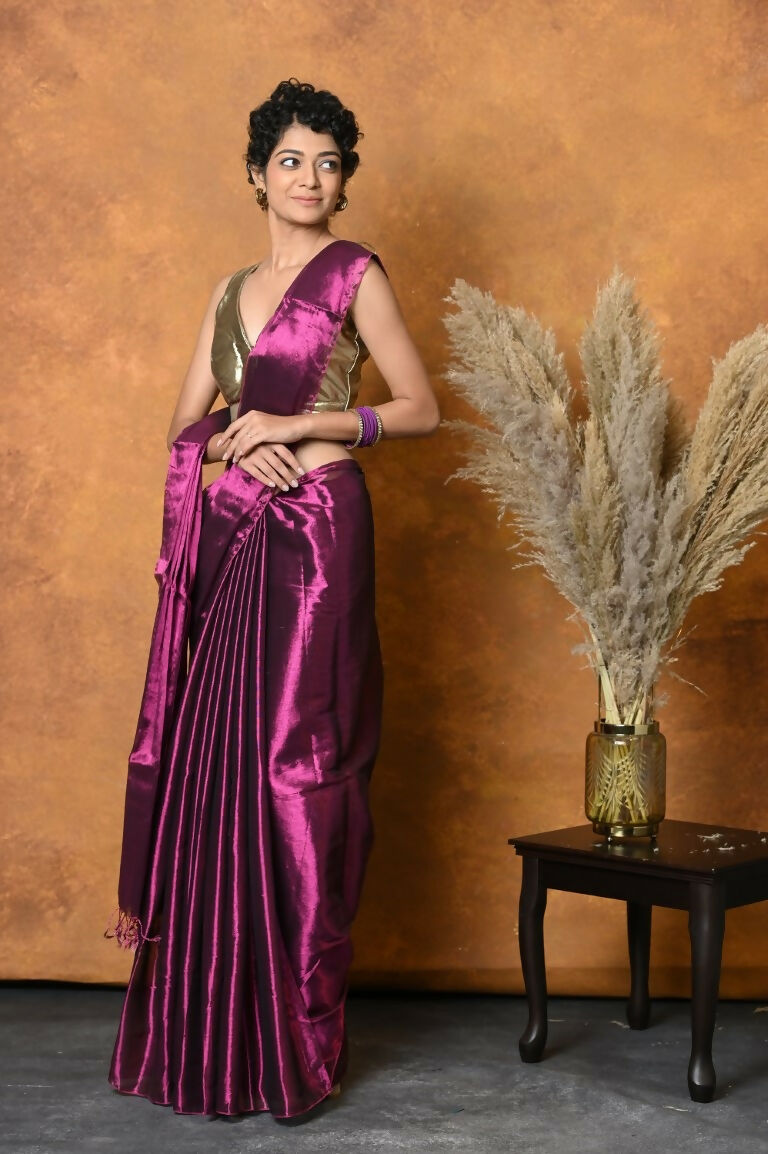 Very Much Indian Fusion Cotton Tissue Shimmer Saree - Maroon | Grocsy