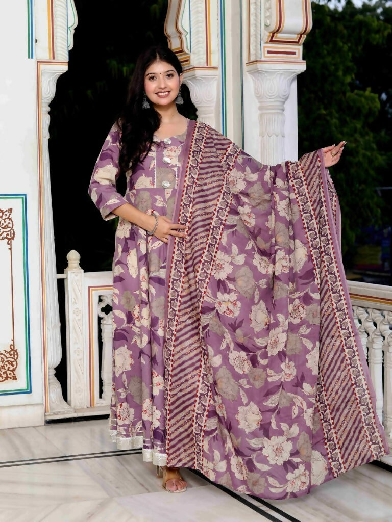Miravan Women's Purple Flower Printed With Lace Border Anarkali Kurta With Dupatta Set | Grocsy