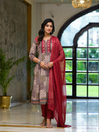 Juniper Women's Multi Color Ethnic Motif Printed Muslin Kurta Pant And Dupatta Set With Coins Thread & Mirror Work | Grocsy