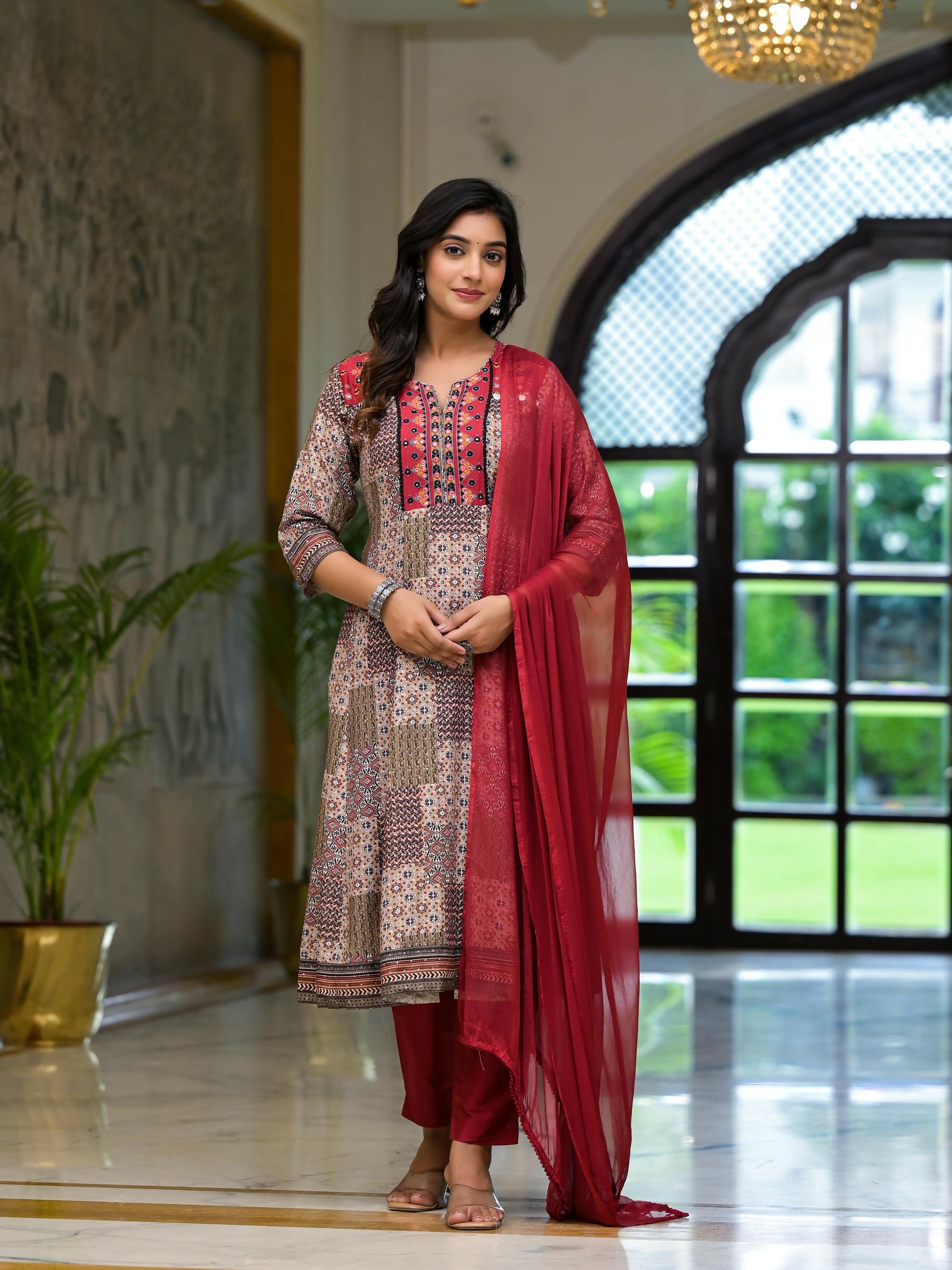 Juniper Women's Multi Color Ethnic Motif Printed Muslin Kurta Pant And Dupatta Set With Coins Thread & Mirror Work | Grocsy