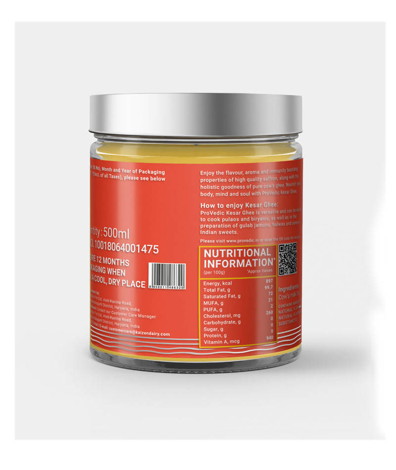 ProVedic Kesar Ghee | Indian Hallikar Cow Ghee, Pure A2 Ghee, Natural & Healthy, Non-GMO | Bilona Method | Traditional Curd-Churned |Pure, Natural & Healthy | Glass Jar | | Grocsy