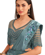 Blue Satin Embroidered Ready To Wear Saree With Unstitched Blouse Piece - Nandika | Grocsy