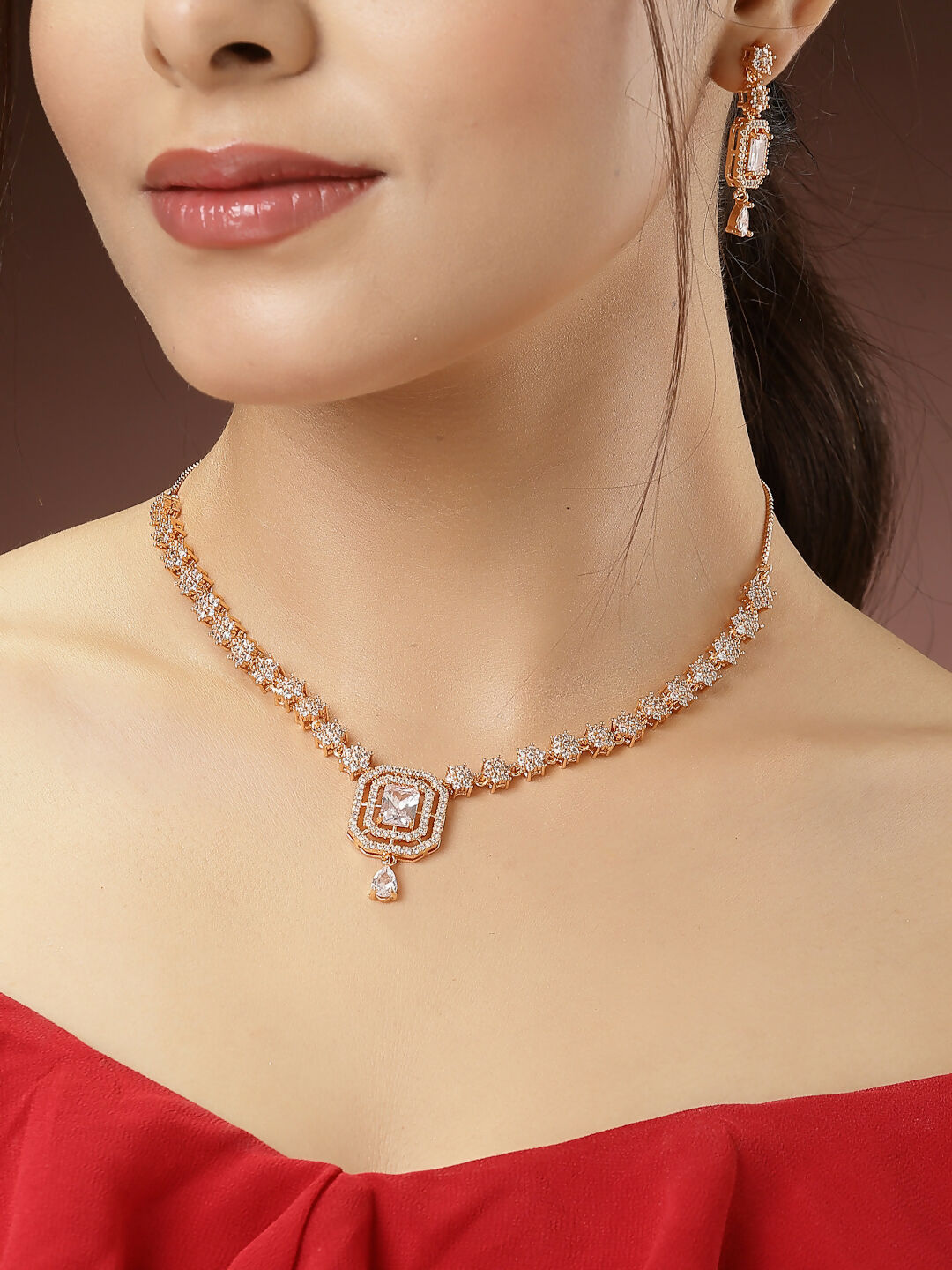 NVR Women's Gold-Polished American Diamond Studded Handcrafted Jewellery Set | Grocsy