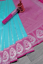 DEIANA'S Beautiful Designer Golden zari Soft Lichi Silk Saree - Blue | Grocsy