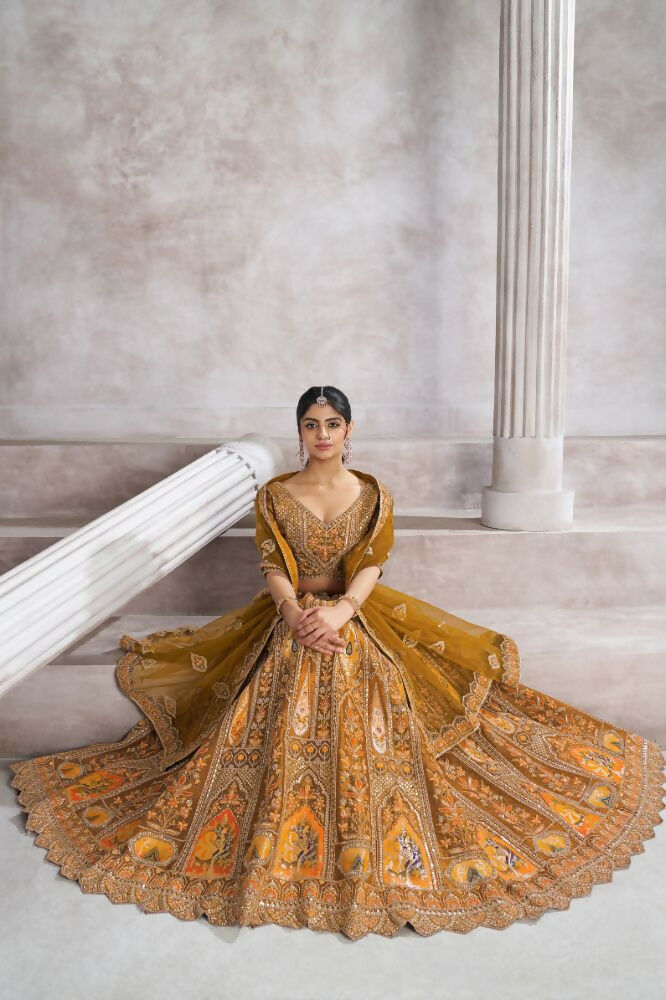 Kesar Fab Dark-Mustard Banarasi Silk Hand_Woven Lehenga | Grocsy