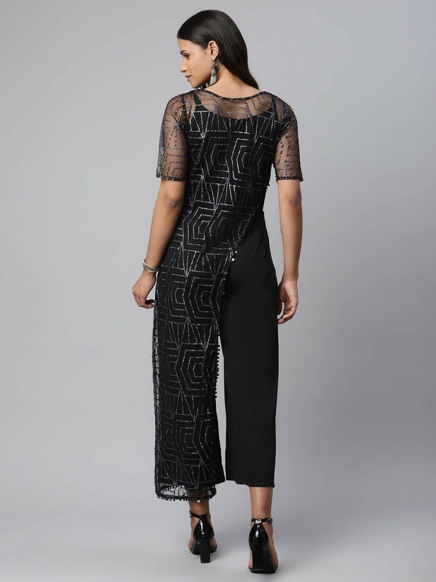 Ahalyaa Womens Black Crepe & Net Glitter Print Jumpsuit | Grocsy